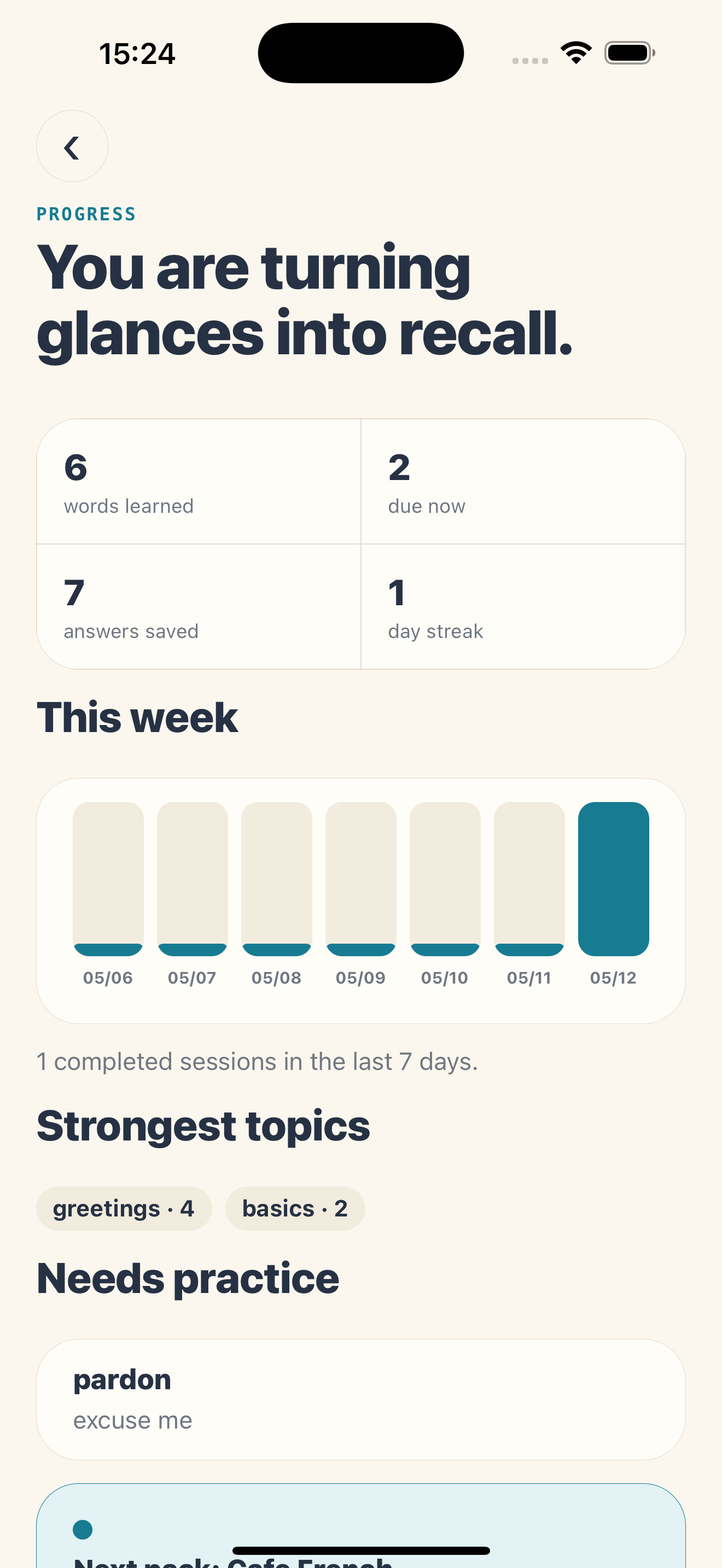 LexiGlance progress screen with learned words and weekly activity
